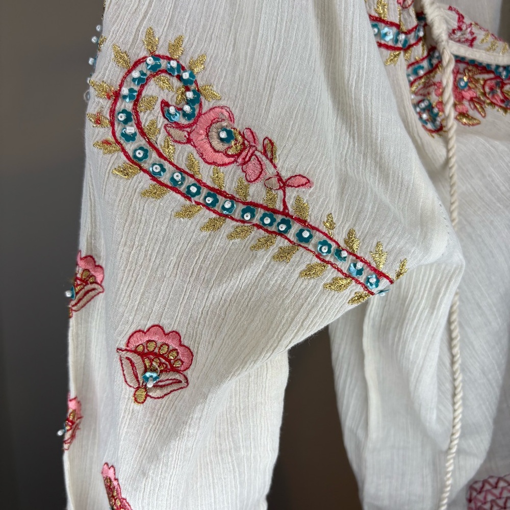 Boston Proper Embroidered Smocked Waist Dress Beaded 100% Cotton Boho Size 8 NWT - Picture 6 of 10